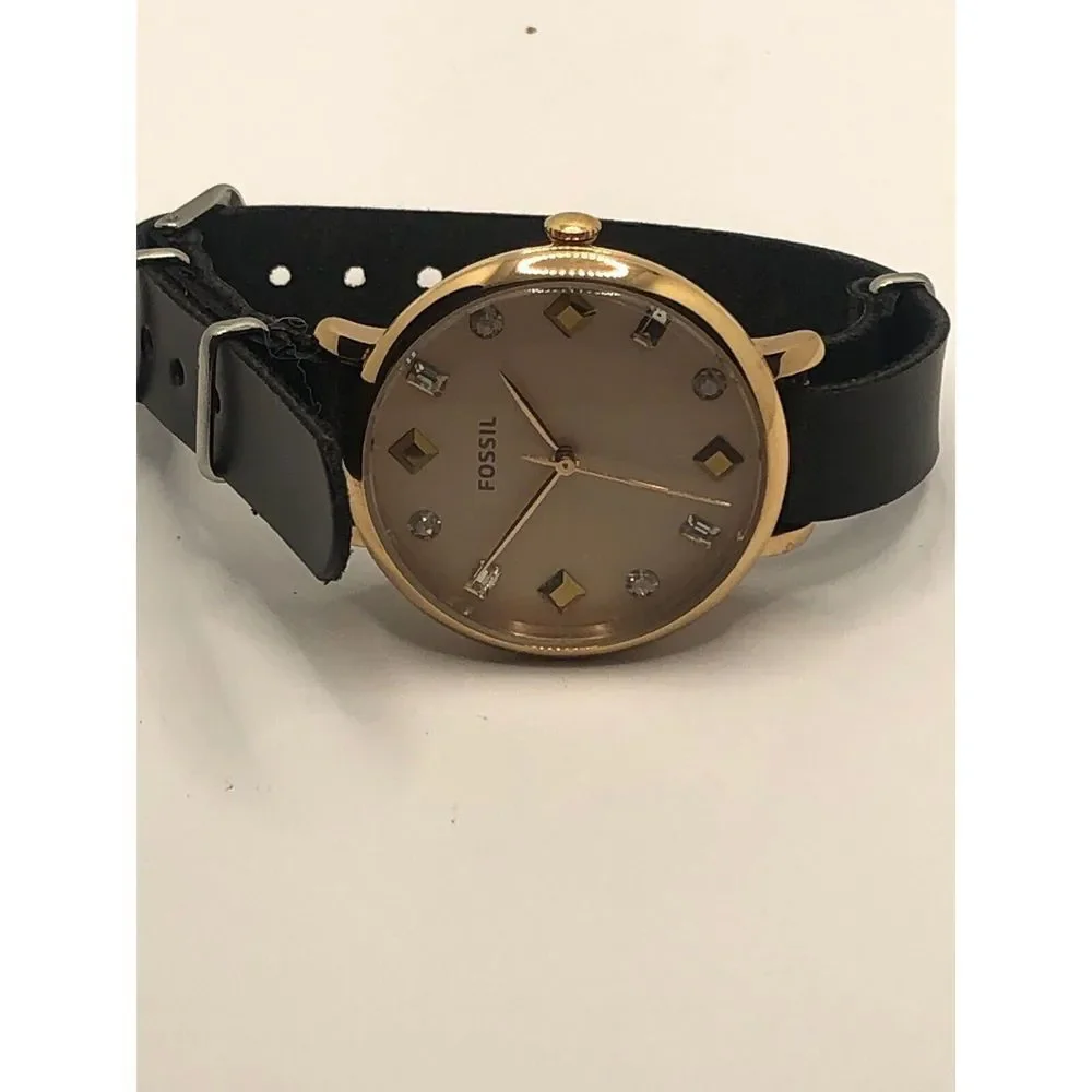 Fossil ES4473 Women's Black Leather Analog Pink Dial Quartz Genuine Watch OP64